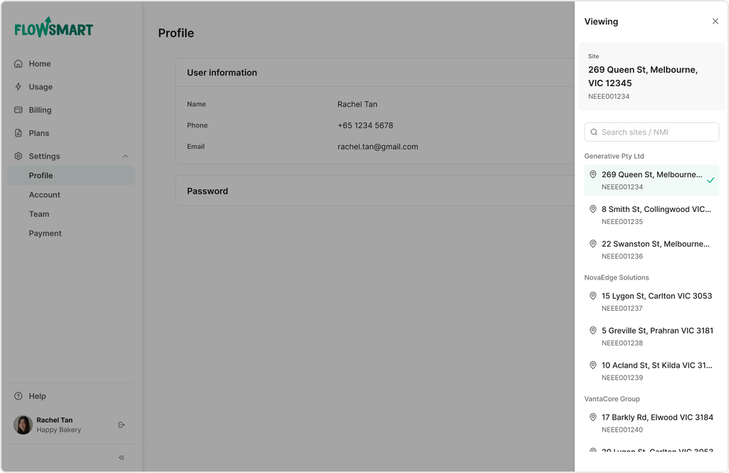 Profile page with user information on the left, including name, phone, and email. On the right, a list of viewing sites with addresses.