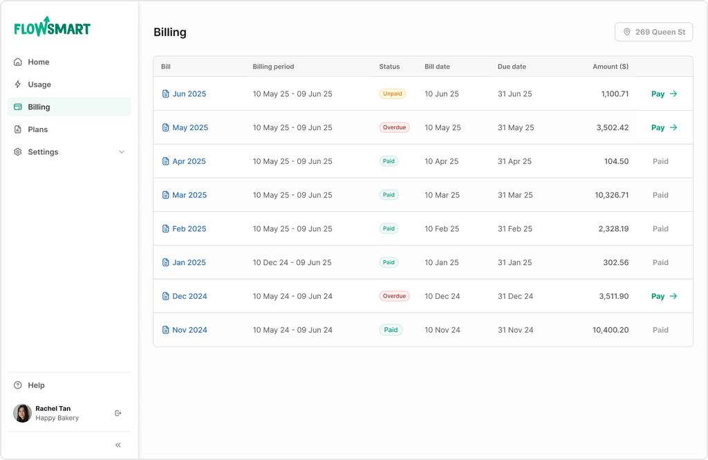 Billing dashboard showing a list of bills with dates, statuses, and amounts.