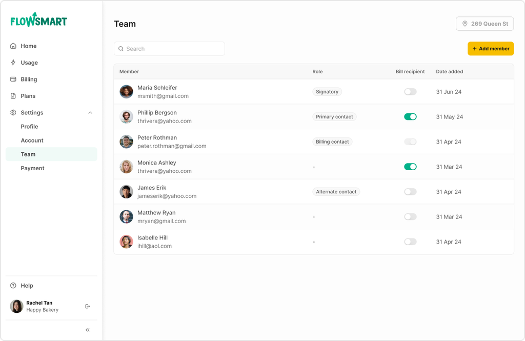 Team management dashboard showing member list with names, emails, roles, and billing options.