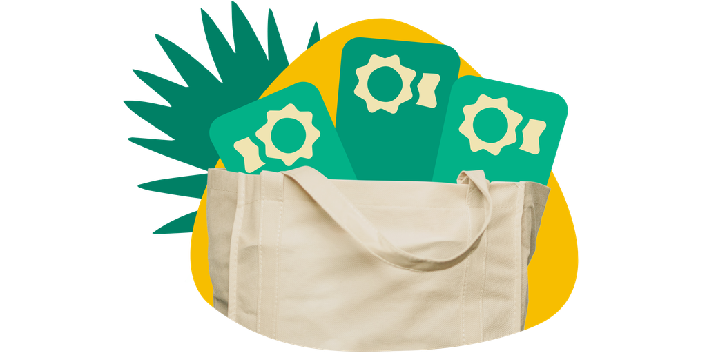 Canvas bag with three green cards featuring gear symbols, set against a yellow and green abstract background.