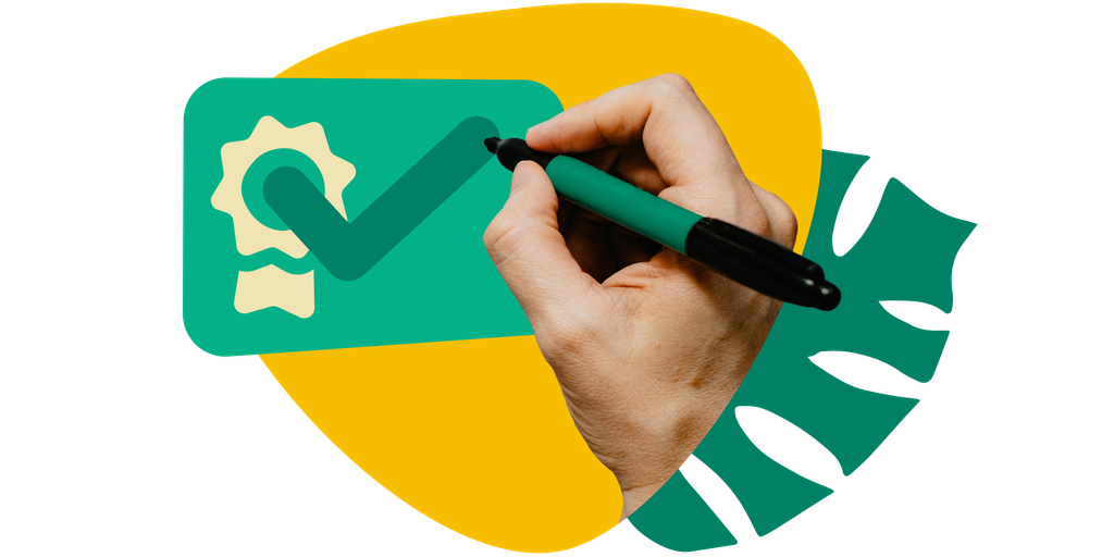 Hand holding a green pen, drawing a checkmark on a stylized green card with a gear symbol, over a yellow and green abstract background.