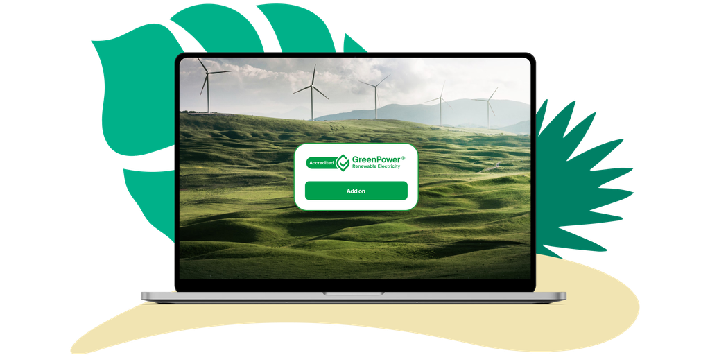 Laptop displaying a landscape with wind turbines and a "GreenPower" renewable energy logo, surrounded by stylized green leaf graphics.