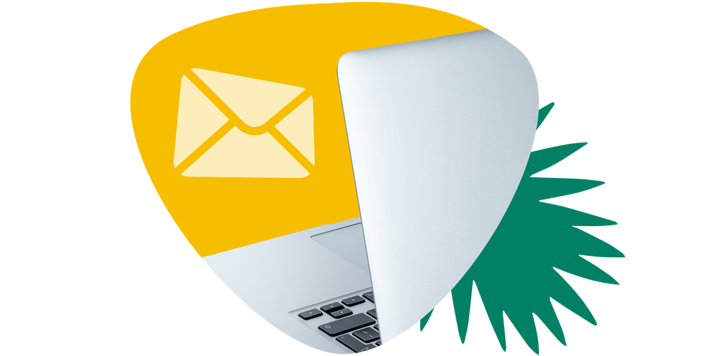 Laptop partially closed with an envelope icon, symbolizing email, on a yellow background with a green abstract shape.