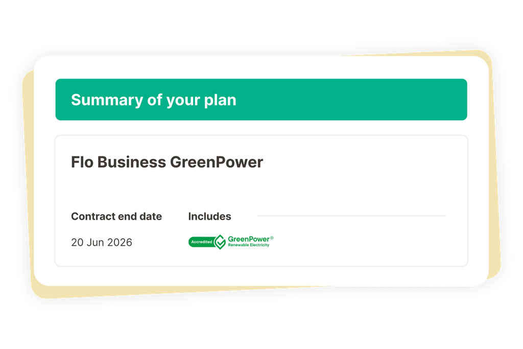 Plan summary showing Flo Business GreenPower with a contract end date of June 20, 2026. Includes GreenPower renewable electricity.