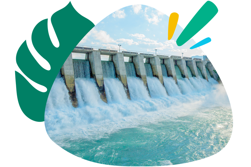 Hydroelectric dam releasing water with strong cascades, framed by abstract green and yellow shapes.