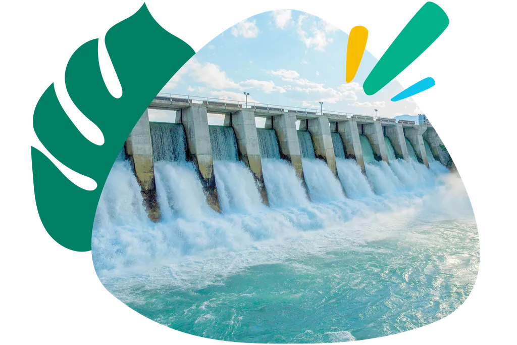 A hydroelectric dam releasing water, with blue skies and stylized green and yellow graphic elements framing the scene.