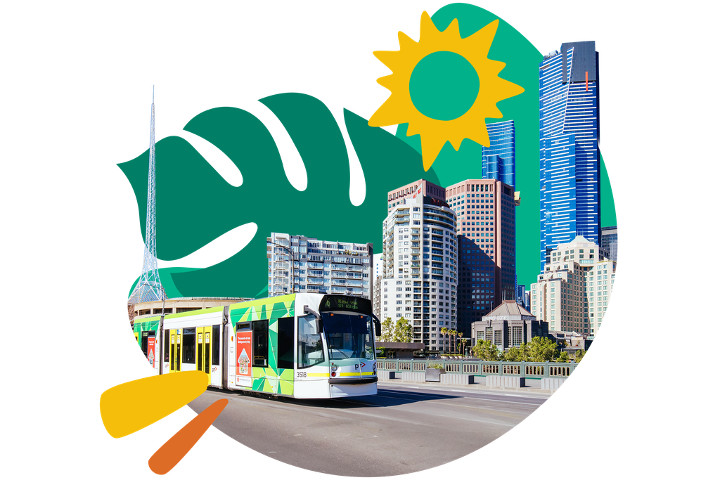 Tram on a city street with modern skyscrapers, a blue sky, and abstract leaf and sun illustrations in the background.