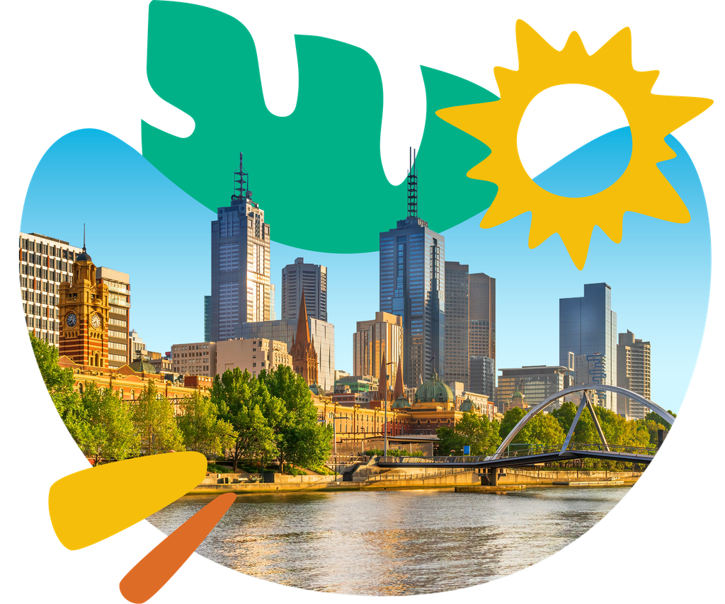 Illustration of a city skyline with tall buildings, a bridge over a river, and abstract shapes like a sun and leaf.